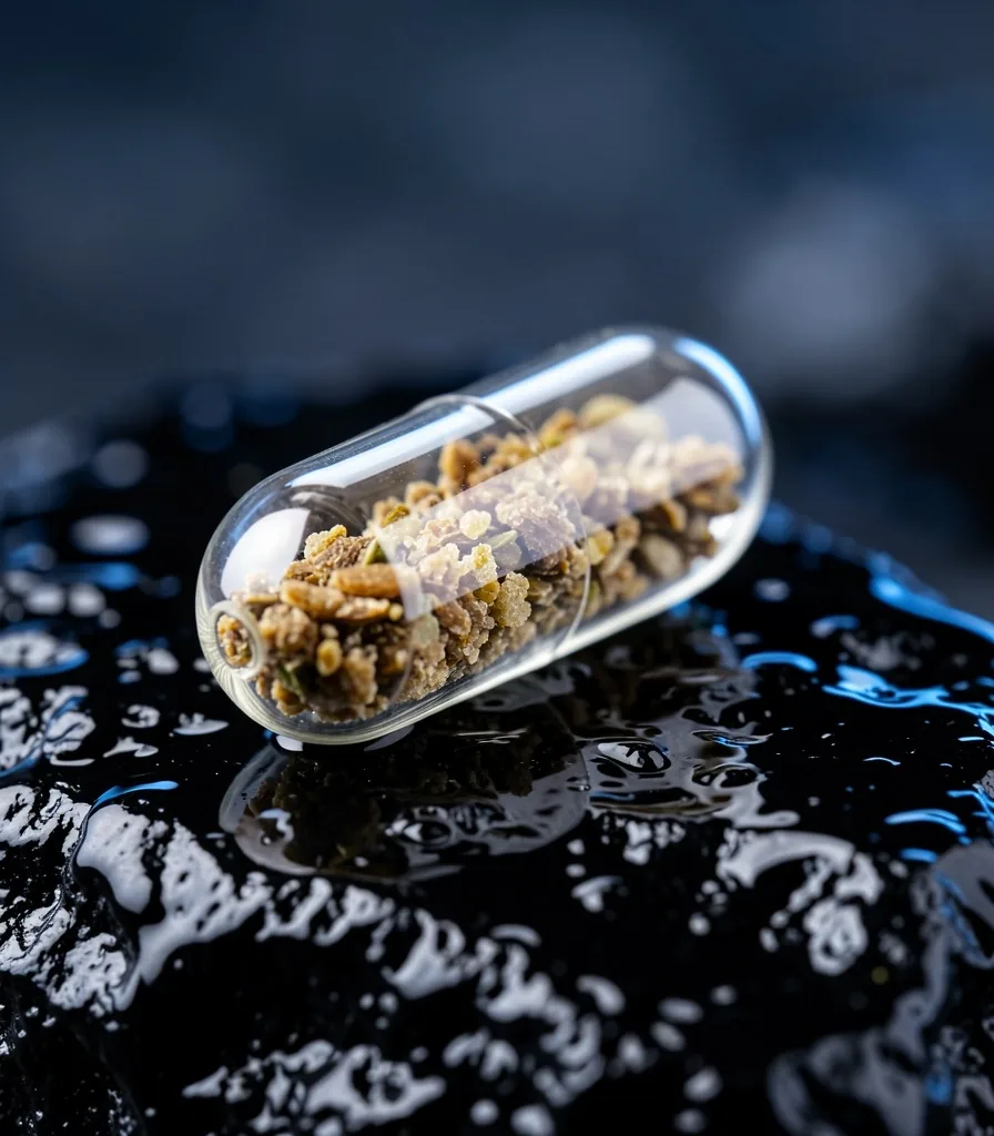 Single natural supplement capsule macro shot
