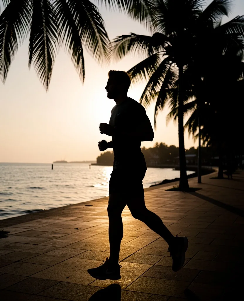 Man running at dawn along a tropical waterfront, representing active lifestyle