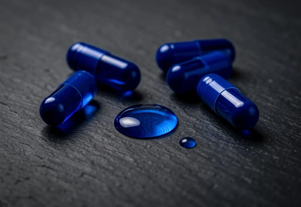 Blue supplement capsules on dark surface